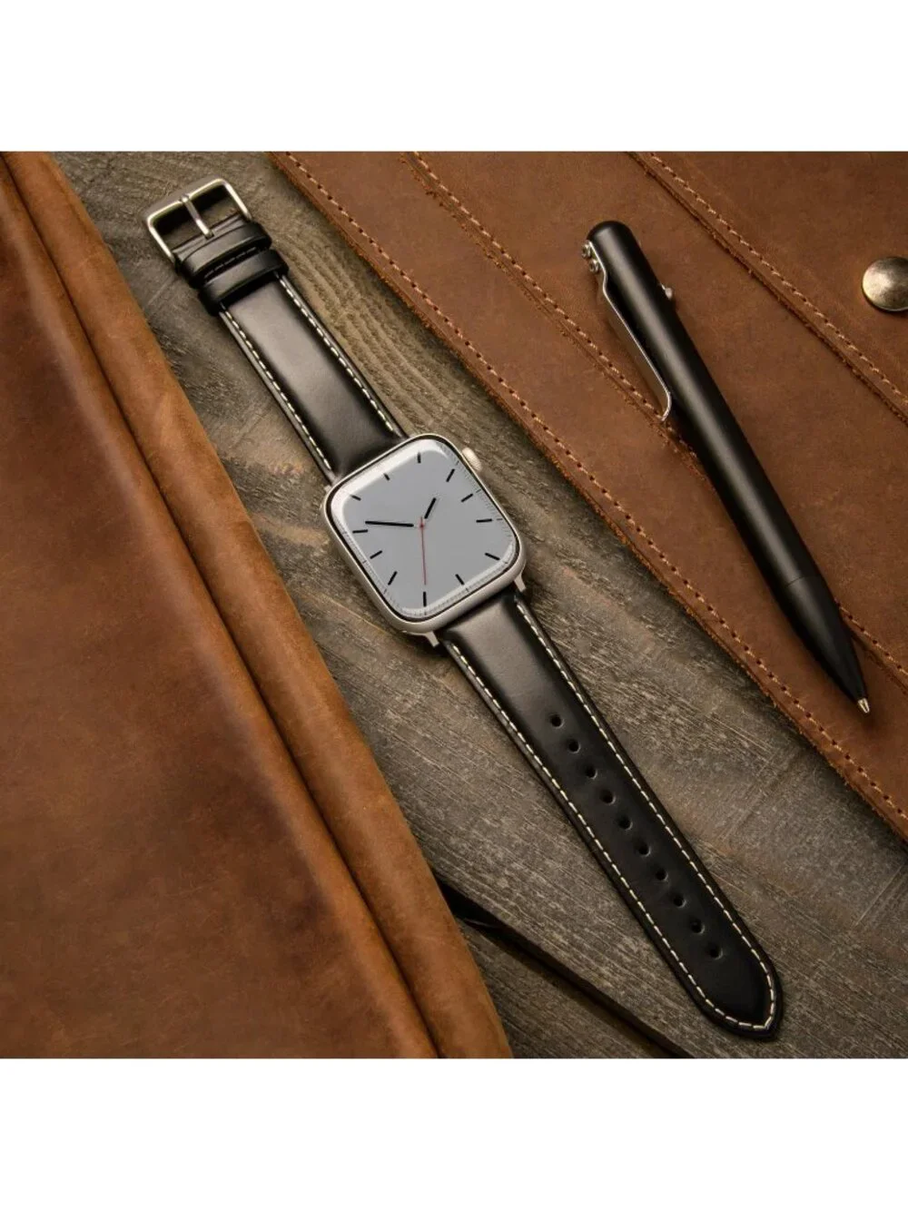Men's Black/Natural Thread, Matte Silver Hardware Leather Straps Apple Watch